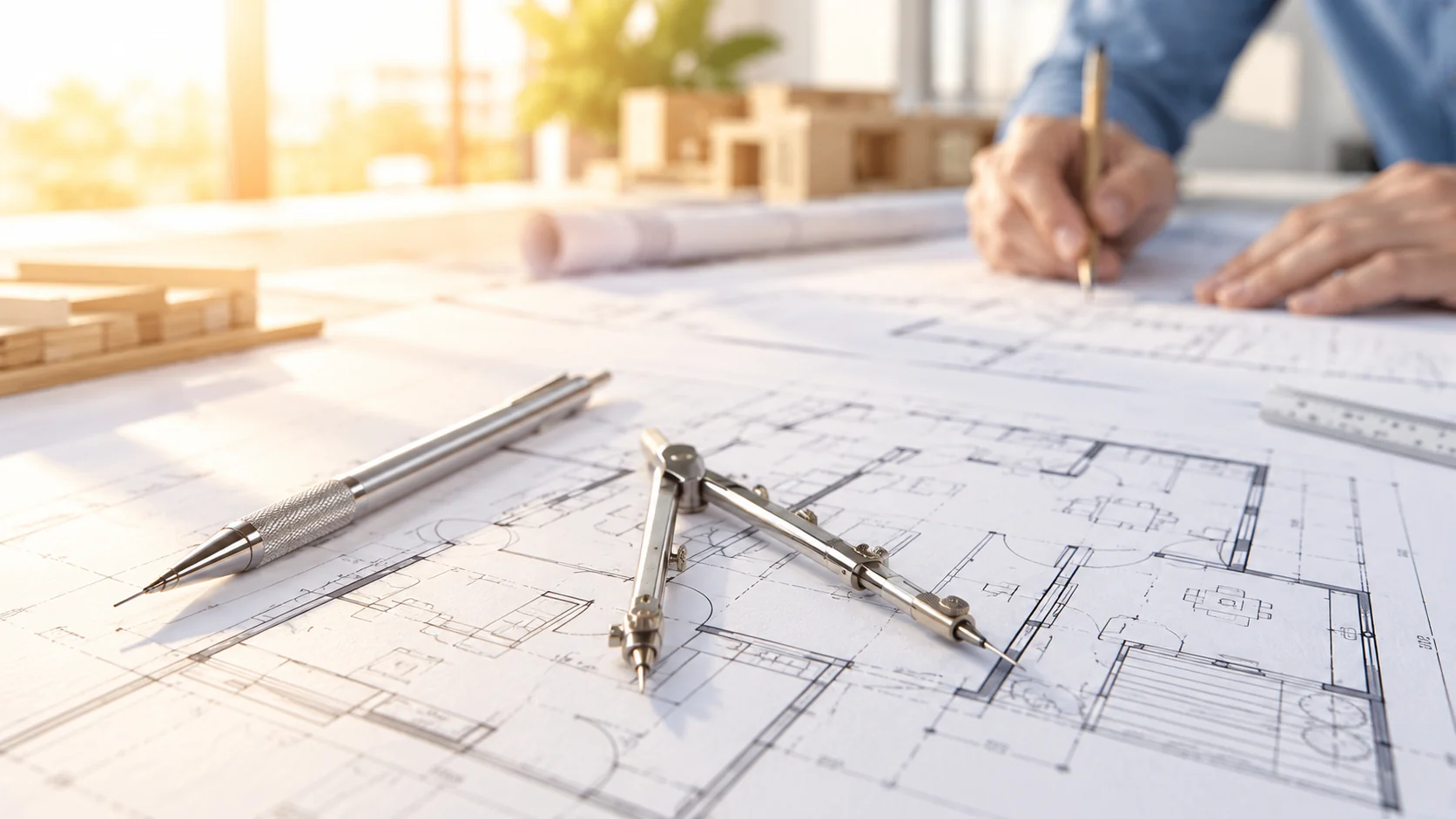 Plans d'architecte, compas et portemine sur la table