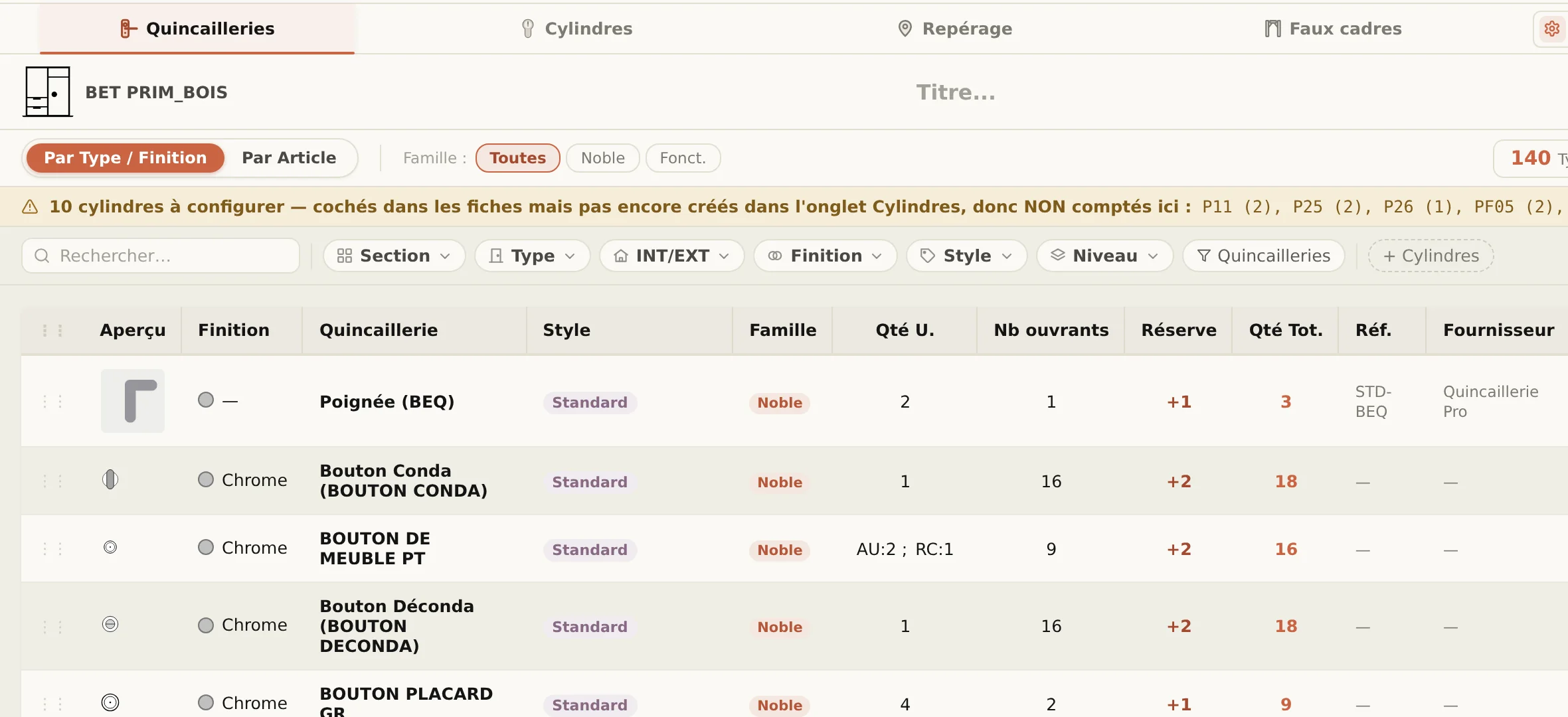 Mode Exportation : récapitulatif des quincailleries