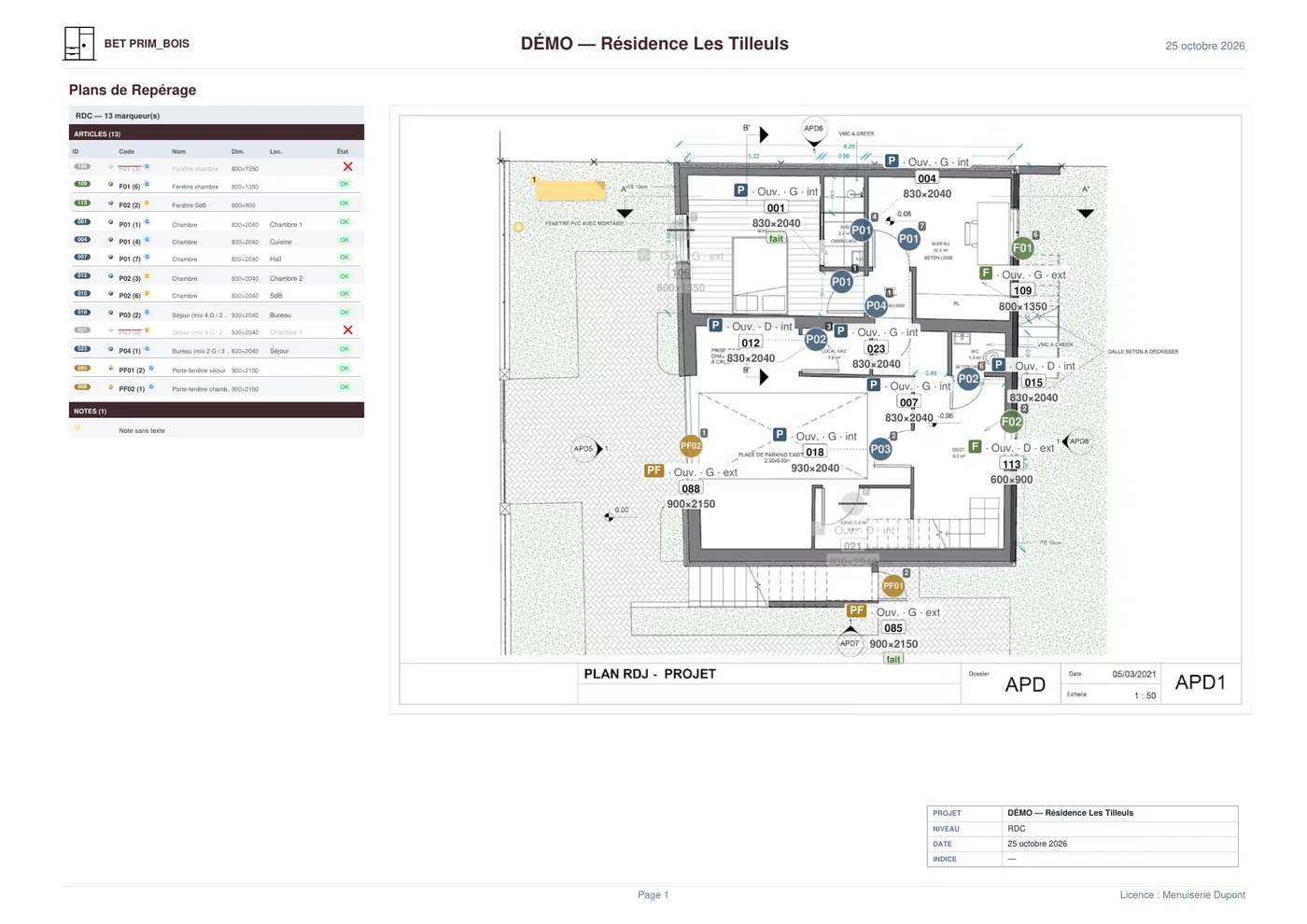 PDF d'un plan repéré avec la liste des menuiseries