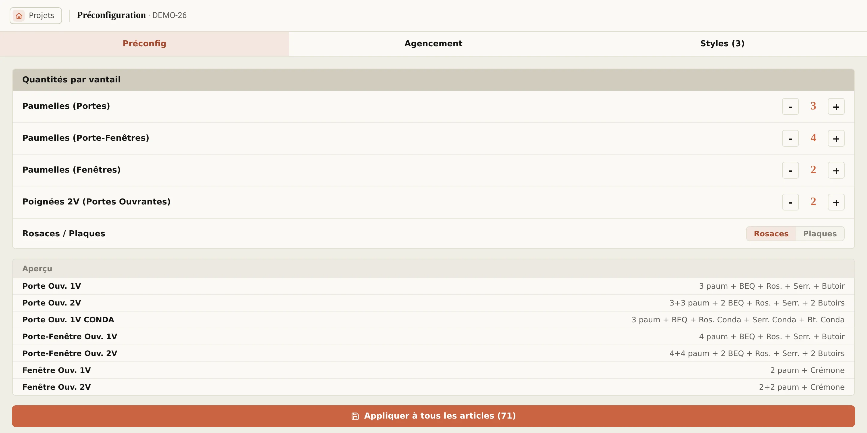 Préconfiguration du projet : quantités standard par type d’ouvrage